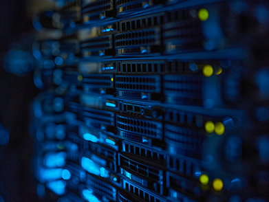Futuristic rack server in a data center or supercomputer setup, showing active system and network status, highlighting cloud services, storage, and computational power for modern IT operations.